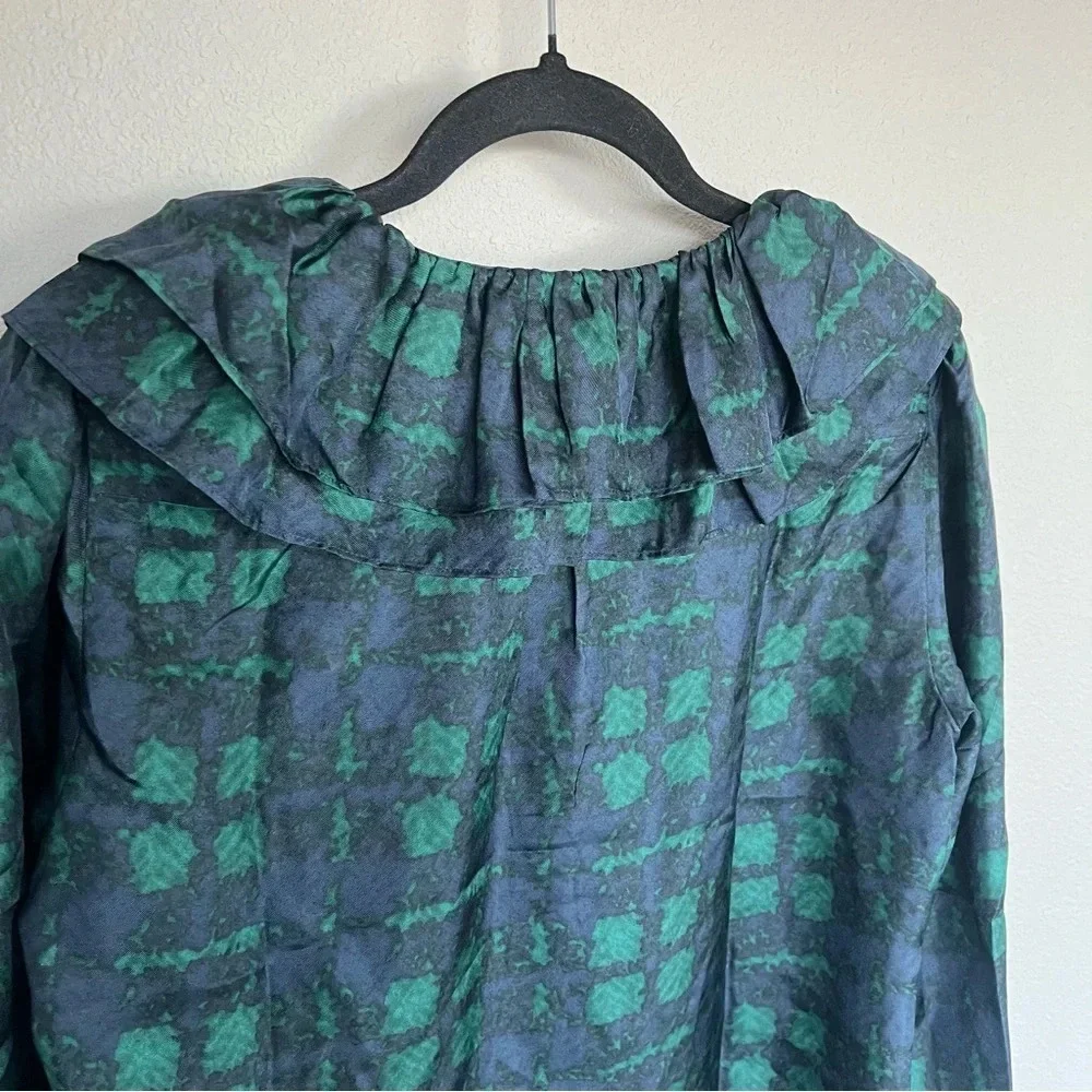 New J. Crew Collection Silk Twill Ruffle-collar Blouse Top Plaid Green Blue NWT